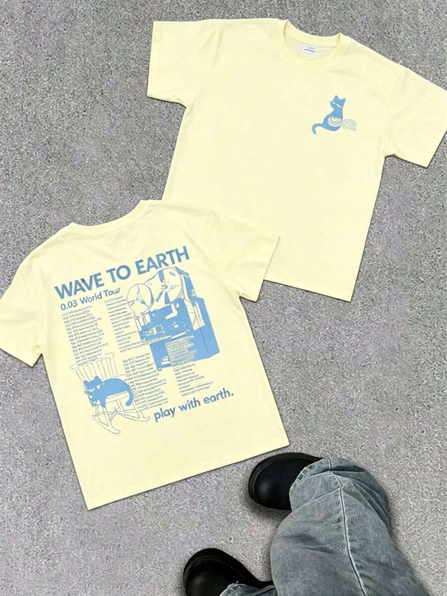 WAVE TO EARTH Play With Earth Letters Kitten Print Men's T-Shirt, Simple Art Harajuku Style, Band Music Kitten T-Shirt, Fashion Casual Loose Men And - 淡黃色 - 查看 1