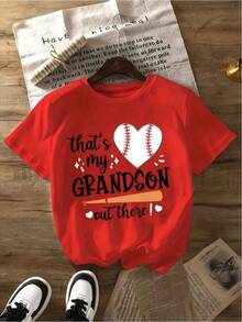 Women's Casual Baseball T-Shirt - Funny With The Phrase "That's My Grandson Out There!" Slogan And Heart Print, Vibrant Red Short-Sleeve Crew Neck Summer T-Shirt For Grandma, Soft And Breathable Fabric, Spring, Summer And Autumn Wear For Baseball Games And Family Events, Loose-Fitting Short-Sleeve T-Shirt With Washed Effect, Urban Style, Unisex, For Spring/Summer/Autumn, Valentine's Day Outfit, Summer Fashion. - 紅色 - 查看 7