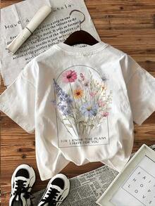 Camiseta de edición limitada con estampado gráfico, manga corta, cuello redondo, top casual para verano y primavera, ropa de mujer, algodón ligero. - Blanco - Ver 2