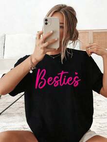 Camiseta Casual de Algodón Estampada con Diseño Besties para Mujer, Manga Corta de Verano para Uso Diario, Regalo para Ella - Negro - Ver 7