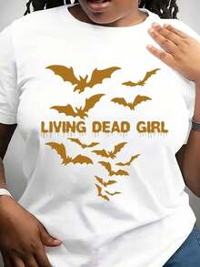 Camiseta Gráfica Gótica de Halloween Living Dead Girl - Camiseta Negra con Diseño de Murciélago Blanco, Cuello Redondo Casual, Ajuste Suave y Cómodo para Hombres y Mujeres - Blanco - Ver 1