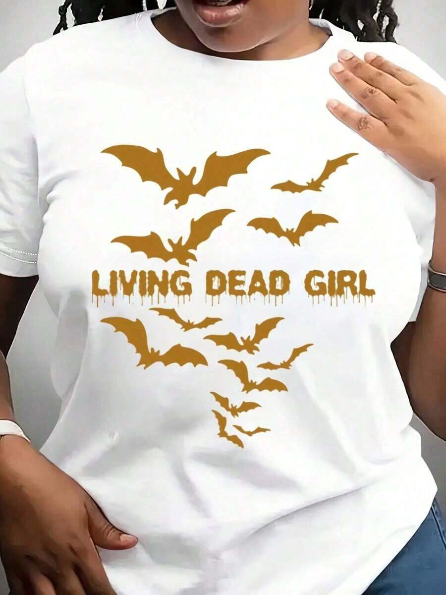 Camiseta Gráfica Gótica de Halloween Living Dead Girl - Camiseta Negra con Diseño de Murciélago Blanco, Cuello Redondo Casual, Ajuste Suave y Cómodo para Hombres y Mujeres - Blanco - Ver 1