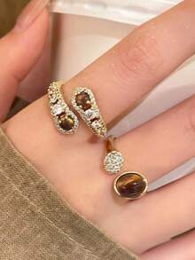 6pcs Asymmetrical Sun & Snake Design Copper Inlaid Cubic Zirconia Rings Set, Fashionable & Unique, Suitable For Party & Travel - Yellow Gold - View 10