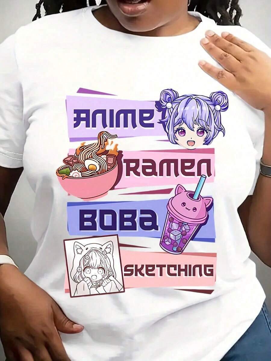 Camiseta con estampado de dibujo de Anime RaWomen Boba Tea Bubble Tea, manga corta, cuello redondo, top casual para verano y primavera, ropa de mujer. - Blanco - Ver 1