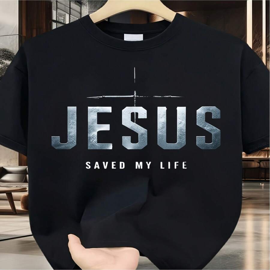 Camiseta unisex para exteriores con dise?o exclusivo de cruz decorativa "Cristo salvó mi vida" para el Día de la Independencia/Día del Padre. Tallas S-XXXL. - Negro - Ver 1