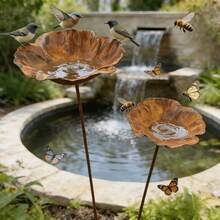 2pcs Rusty Metal Floral Decorative Bird Bath Feeder, Vintage Distressed Garden Art, Yard Lawn Backyard Decoration Bird Feeder - Bird Feeder - View 3