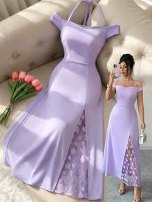 YHHElenzga Vestido elegante de mujer con hombros descubiertos, silueta ajustada con paneles laterales con ribete de encaje y abertura hasta el muslo, adecuado para fiestas de noche, citas, eventos sociales ligeros y salidas casualesYHH - Morado - Ver 8