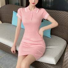 Vestidos de verano de estilo Preppy para mujer, minivestidos de tubo versátiles con botones de manga corta de punto de algodón liso con cuello vuelto - Rosa - Ver 6
