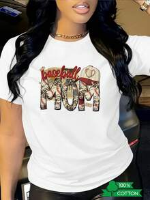 Camiseta de mujer con cuello redondo y estampado de anime con letras a la moda, de diseño sencillo, cómoda y transpirable, adecuada para el uso diario casual y versátil, que muestra un estilo natural y elegante, imprescindible para fiestas de verano, enviada localmente, con la palabra MOM escrita a mano en rojo y estampado de leopardo estilo béisbol. - Blanco - Ver 8