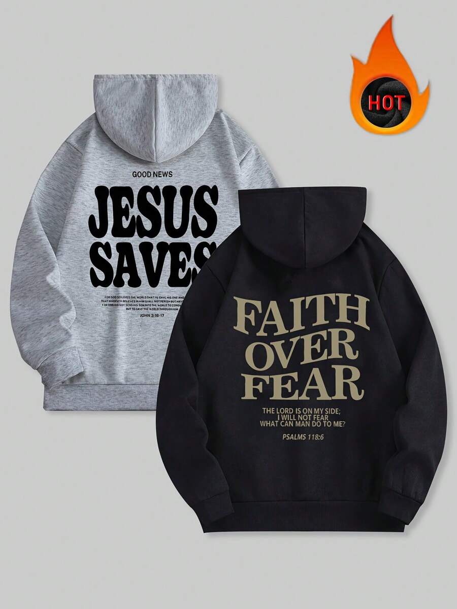 Men's 2-Piece Hooded Sweatshirt Set With Casual Letter Print Pocket And Fleece Lining - Black and Gray - View 1