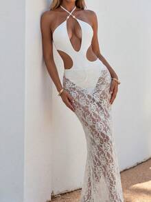 2pcs/Set Elegant Lace Beaded Crisscross Backless Cutout One-Piece Bikini, Vacation Wear For Spring/Summer Beach White - White - View 4