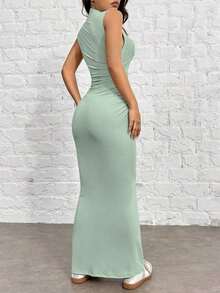 Vestido De Sirena Ajustado De Cuello Alto Tejido Para Mujer En Color Albaricoque - verde menta - Ver 2