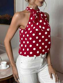 Blusa con estampado de lunares de cuello con cordón - Rojo - Ver 5
