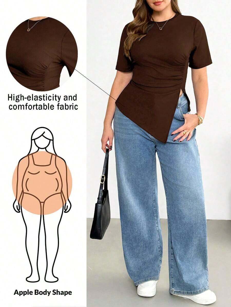 Camiseta negra básica de manga corta para mujer talla grande, con cintura fruncida, bajo irregular y versátil, cómoda y elástica, para uso diario y casual en primavera/verano - Marrón - Ver 1
