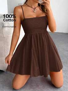 Vestido De Tirantes Con Pliegues Sólidos Para Mujeres - Marrón - Ver 8