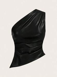 Top de mujer de un solo hombro de PU con plisados en la cintura color borgoña, top estilizador de la cintura para mujeres - Negro - Ver 11