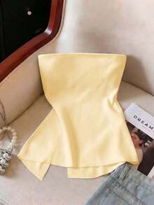 Top bandeau de unicolor con pliegues en el lateral y bajo con abertura de moda para mujer - Amarillo - Ver 2