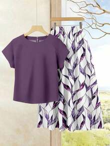 Set de 2 piezas Blusa de unicolor + Falda estampada con flores moradas de estilo casual de vacaciones para mujer, Conjunto de verano para mujer, Conjunto de falda y blusa, Conjunto de falda y blusa para mujer, Conjunto de falda estampada de pri - Morado - Ver 7