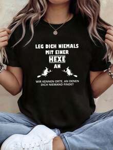 100% algodón, estampado alemán "No te metas con una bruja, conocemos lugares donde nadie te encontrará." Camiseta de mujer de color sólido simple, corte holgado y ajustado, manga corta casual. - Negro - Ver 8