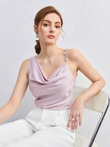 Top de tirantes con diseño asimétrico, decoración de metal y drapeado para mujer.Diseño minimalista, elegante y de moda para uso casual en el trabajo, apto para maestras, oficina, bodas y conciertos. - Lila Púrpura - Ver 8