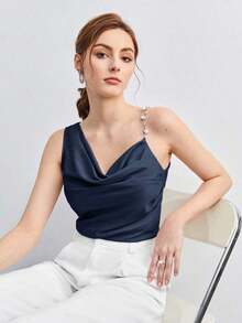Camiseta asimétrica con diseño fruncido y decoración metálica, elegante y chic para el día a día, estilo urbano, romántico retro de los 90.Adecuado para Navidad, Año Nuevo, San Valentín, fiestas, playa, graduación, moda, carnav - Azul marino - Ver 1