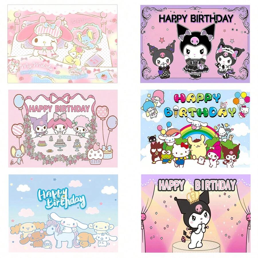 Bộ phông nền sinh nhật chủ đề các nhân vật Sanrio, gồm 6 thiết kế ngộ nghĩnh của My Melody, Kuromi, Cinnamoroll và Hello Kitty với họa tiết pastel, dòng chữ "Chúc mừng sinh nhật" và những khung cảnh mộng mơ. Được làm từ chất liệu vải nhẹ, chống nhăn với hình ảnh in sắc nét, độ phân giải cao, phông nền này sẽ tạo thêm tính thẩm mỹ vui tươi và hài hòa cho các buổi tiệc sinh nhật, chụp ảnh và các sự kiện theo chủ đề. - Nhiều kiểu dáng - Xem 1