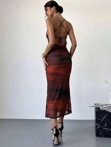 Vestido ajustado de tela transparente con tirantes de atar en el hombro descubierto y espalda descubierta, de colores degradados, elegante para uso diario u ocasiones de vacaciones, estilo veraniego - Burdeos - Ver 2