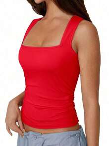 Camiseta de tirantes de unicolor negro como capa base de ropa casual de mujer para el verano y otoño - Rojo - Ver 3