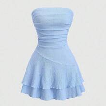 Y2K Sexy Crinkle Material Ruched Bandeau Dress - Azul Marino - Ver 2