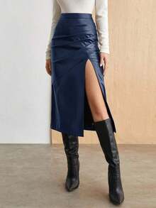 Falda con abertura alta de PU para mujer, atuendo de oficina casual urbano para ir al trabajo, vestimenta formal elegante para mujer en otoño - Azul marino - Ver 5