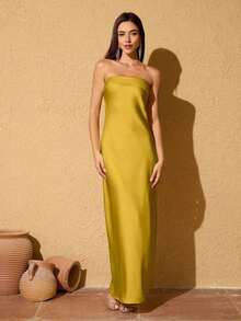 Vestido formal de satén sólido, vestido de cóctel elegante, vestido de fiesta de graduación, vestido de invitada de boda para primavera - Cúrcuma - Ver 3