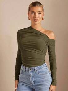 Camiseta de manga larga con cuello asimétrico plisado, ajustada, en color liso, para mujer, para primavera/otoño - Verde militar - Ver 6