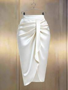 Falda asimétrica con diseño plisado de unicolor para mujer - Blanco - Ver 4