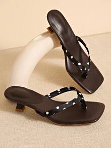 Plus Size Summer New Soft Leather Square Toe Sandals, Thong Kitten Heel Sandals, Versatile Stilettos Flip Flops For Women - Coffee Brown - View 2