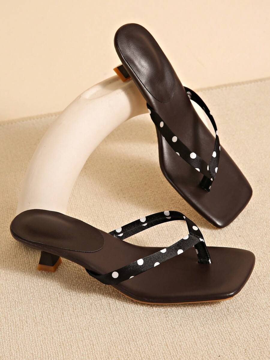 Plus Size Summer New Soft Leather Square Toe Sandals, Thong Kitten Heel Sandals, Versatile Stilettos Flip Flops For Women