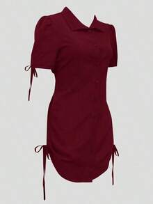 Camisa negra elegante de manga corta con botones y cintura elástica - Adecuada para ocasiones casuales y formales, uso casual| Estilo refinado| Camisa de manga corta de verano - Rojo - Ver 4