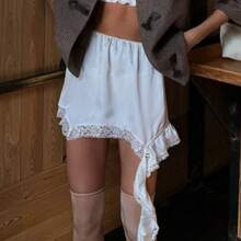 Sexy White Lace Asymmetrical Below-The-Knee Skirts, Elegant Street Style Satin High-Waisted Bodycon Skirt, Casual Summer Plain Skirt For Women 2025 - 白色的 - 查看 5