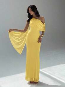 Vestido asimétrico de hombro de unicolor elegante para mujer - Amarillo claro - Ver 1
