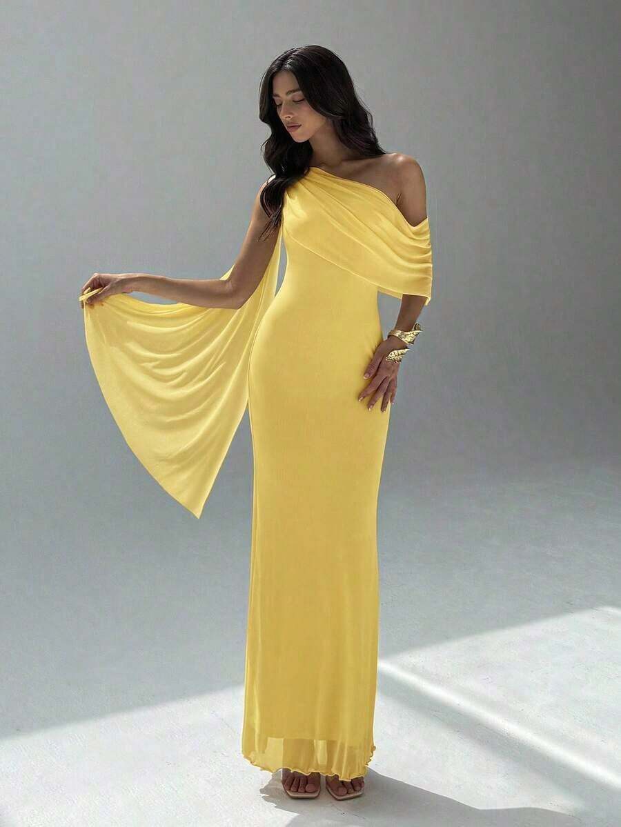 Vestido asimétrico de hombro de unicolor elegante para mujer - Amarillo claro - Ver 1