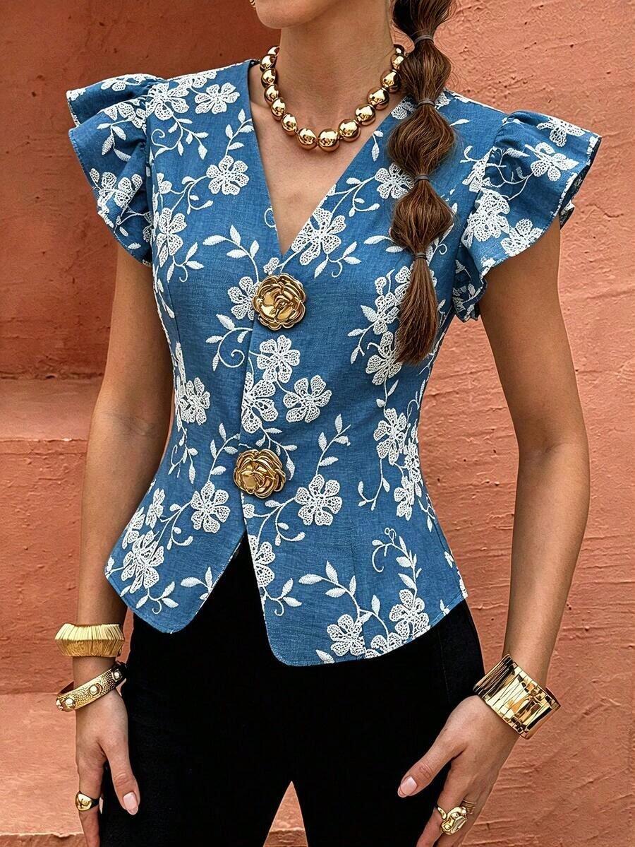 Flora Isola Cárdigan elegante de mujer con cuello en V y decoración de hebilla metálica, cintura ajustada y mangas con volantes, blusa refinada para damas - Azul 2 - Ver 1