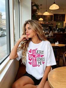 Camisetas Casuales para Mujer, Diseño de Corazón con Cruz "Jesus Loves Me", Camiseta Negra para Mujer, Top con Declaración de Fe Cristiana, Regalo de San Valentín para Ella, Camiseta para Mujer, Estilo Y2K, Camisetas de Moda de Verano, Conjuntos y Tops Casuales de Streetwear. - Blanco - Ver 3
