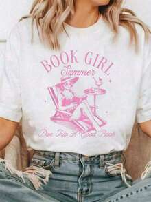 Camiseta de manga corta informal para mujer, con estampado literario vintage, suave y transpirable, diseño para amantes de los libros, atuendo informal para vacaciones de verano en la playa, ropa de estilo literario. - Blanco - Ver 1