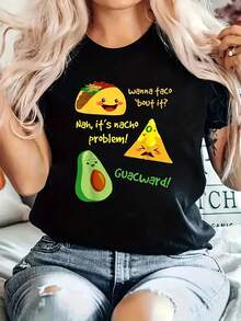Camiseta Divertida de Guacamole, Taco y Aguacate - Eslogan "Nacho Average Latina", Diseño Mexicano con Frases en Español, Cuello Redondo Suave y Elástico para Outfits de Primavera, Verano y Otoño - Negro - Ver 1