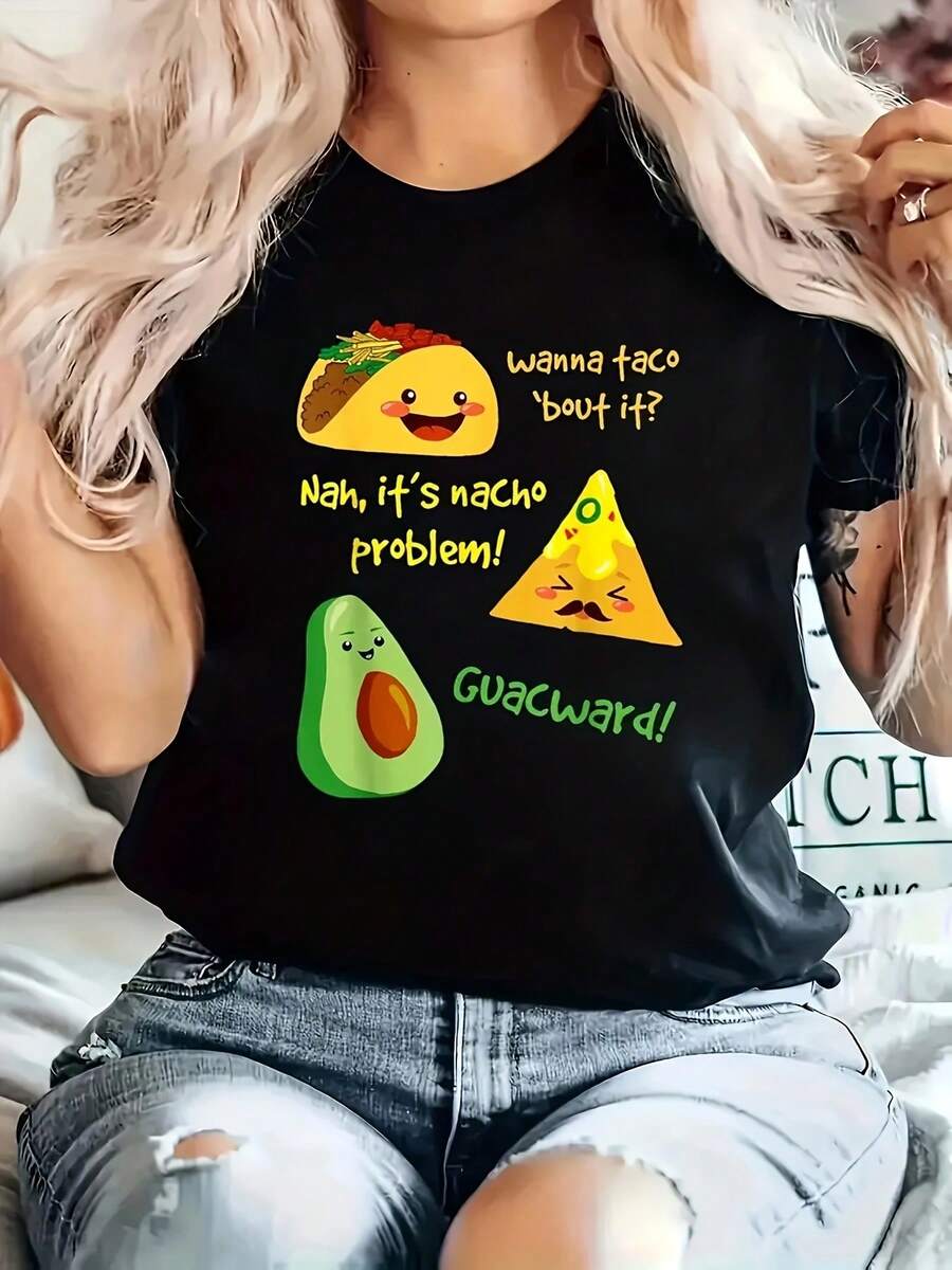 Camiseta Divertida de Guacamole, Taco y Aguacate - Eslogan "Nacho Average Latina", Diseño Mexicano con Frases en Español, Cuello Redondo Suave y Elástico para Outfits de Primavera, Verano y Otoño - Negro - Ver 1