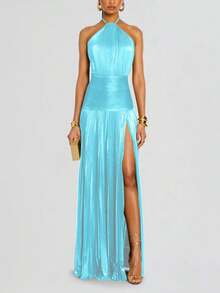Metallic Pleated Halter Maxi Dress, Ruched Waist With Front Slit, Elegant Evening Gown For Prom & Weddings - 湖藍色 - 查看 1