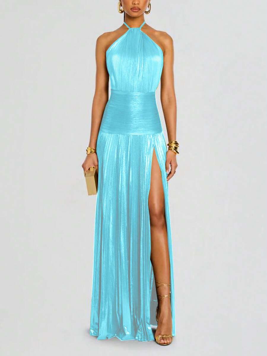 Metallic Pleated Halter Maxi Dress, Ruched Waist With Front Slit, Elegant Evening Gown For Prom & Weddings - 湖藍色 - 查看 1