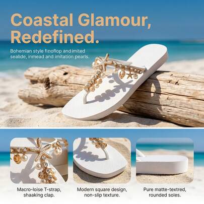 Women's Thong Sandals, Starfish & Shell Rhinestone Decor, Elegant Flat Beach Slippers, Non-Slip Comfortable Flip Flops For Summer, Suitable For Daily Wear, Beach Vacation, And Travel