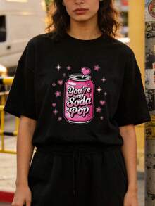 Women's Summer Clothes, Soft Cotton Casual T-Shirt With Round Neck, Pink Soda Can Letter Print. Black. - 黑色 - 查看 2