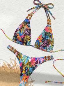 Bộ bikini nữ gợi cảm, nhiều màu sắc, họa tiết graffiti và hoa lá, điểm nhấn là hạt gỗ, kiểu dáng tam giác cạp cao, thích hợp cho kỳ nghỉ và tiệc tùng. - Nhiều màu - Xem 4