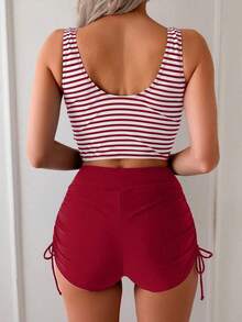 Conjunto de tankini a rayas de caliente, incluye pantalones cortos de natación con lazos laterales y top de camiseta, adecuado para vacaciones en la playa, fiestas en la piscina - Multicolor 6 - Ver 2